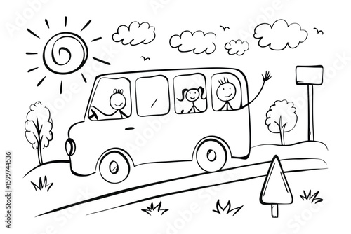 Sketchy School Bus Adventure: A whimsical line art illustration depicts a charming school bus on a sunny day. It's perfect for storytelling and bringing a touch of playful nostalgia.