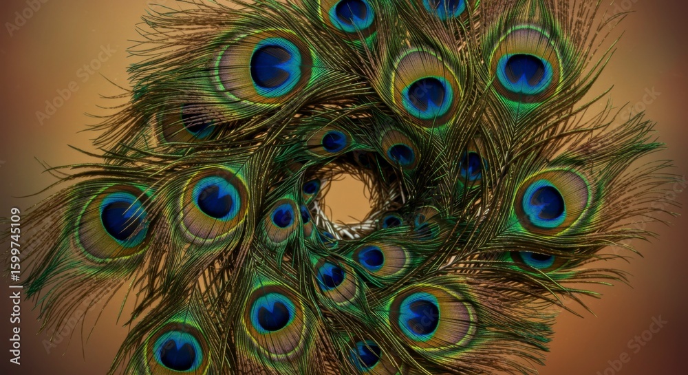 Obraz premium Vibrant peacock feathers arranged in a mesmerizing circular pattern, creating a captivating visual effect