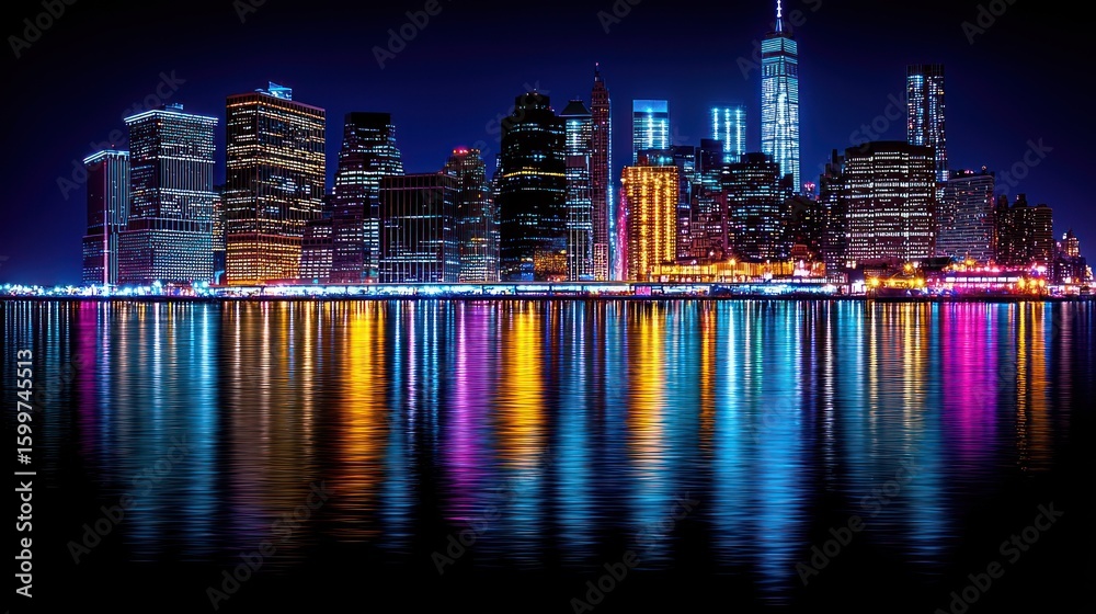 Fototapeta premium Night Lights of the New York City Skyline Reflected on Calm Waters
