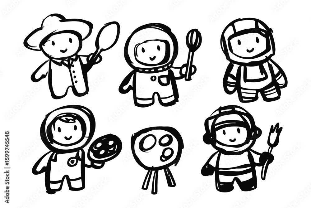 Child's Play: Charming cartoon astronauts venture through a celestial scene, armed with utensils for a cosmic feast, playfully representing exploration, imagination and adventure. Child's Play: Charming cartoon astronauts venture through a celestial scene, armed with utensils for a cosmic feast, playfully representing exploration, imagination and adventure.