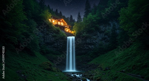Illuminated cabin nestled at base of a waterfall at night