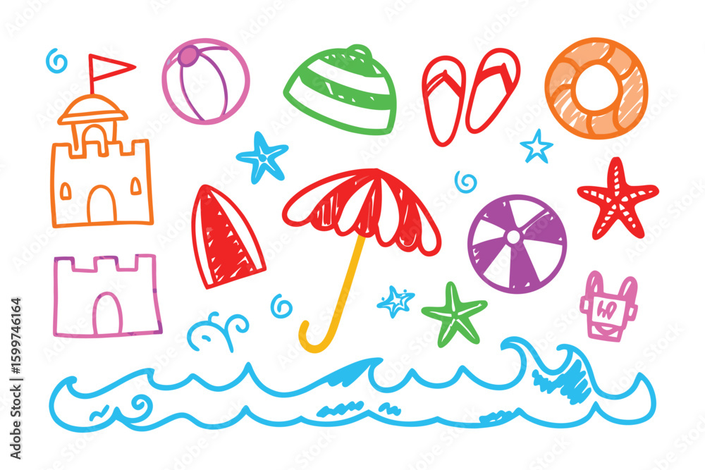 Fototapeta premium Summer Holiday Doodle: A vibrant and playful illustration captures the essence of summer fun, featuring a whimsical collection of beach essentials that evoke feelings of sun-kissed days.