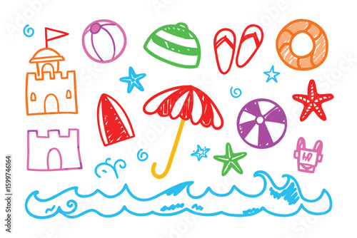 Summer Holiday Doodle: A vibrant and playful illustration captures the essence of summer fun, featuring a whimsical collection of beach essentials that evoke feelings of sun-kissed days.
