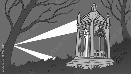 Illustration of a mausoleum in a grayscale graveyard with trees and light rays at nighttime scene