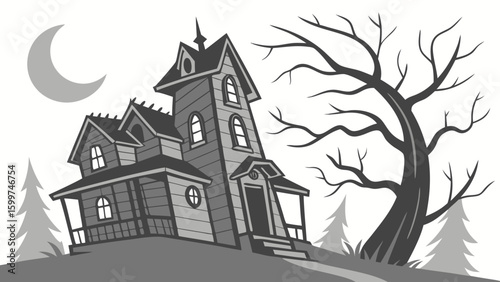 A spooky haunted house with a crescent moon and bare tree branches on a hill in grayscale tones