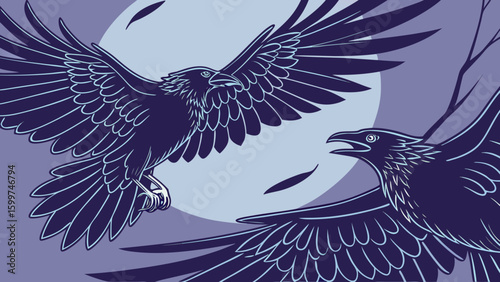 Two ravens in flight against a pale moon with stylized feathers and branches on a gradient background