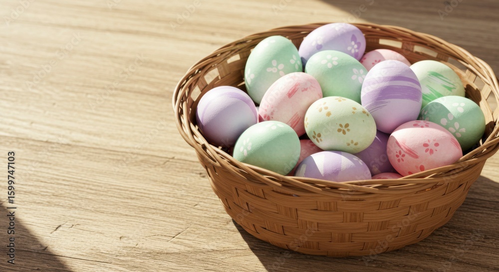 Naklejka premium Easter eggs in a basket on a wooden table