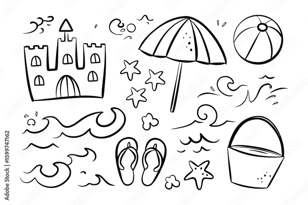 Fototapeta premium Beach-Day Elements: A collection of beach-related hand-drawn elements for your design.