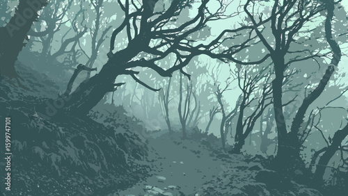 A dense misty forest with bare trees and a winding path leading into the depths of the woods landscape view