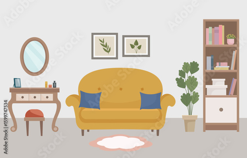 Stylish vector illustration of a cozy living room with a mustard sofa, dressing table with mirror, bookshelf, indoor plant and soft decor. Warm tones and minimalist Scandinavian design. Home design.