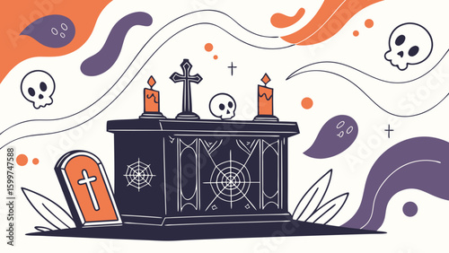 Halloween altar with cross, candles, skull, tombstone and ghosts in orange, purple and black colors scheme