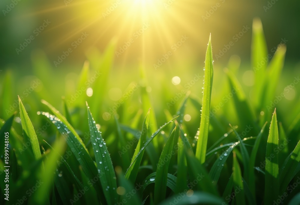 Fototapeta premium lush green grass blades dew droplets refreshing morning nature close, moisture, meadow, field, leaf, flora, plant, spring, landscape, vibrant, water