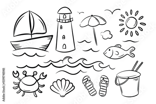 Seaside Sketches: A whimsical array of hand-drawn seaside elements, including a sailboat, lighthouse, waves, crab, and sun, evoke the joy and freedom of a coastal vacation.