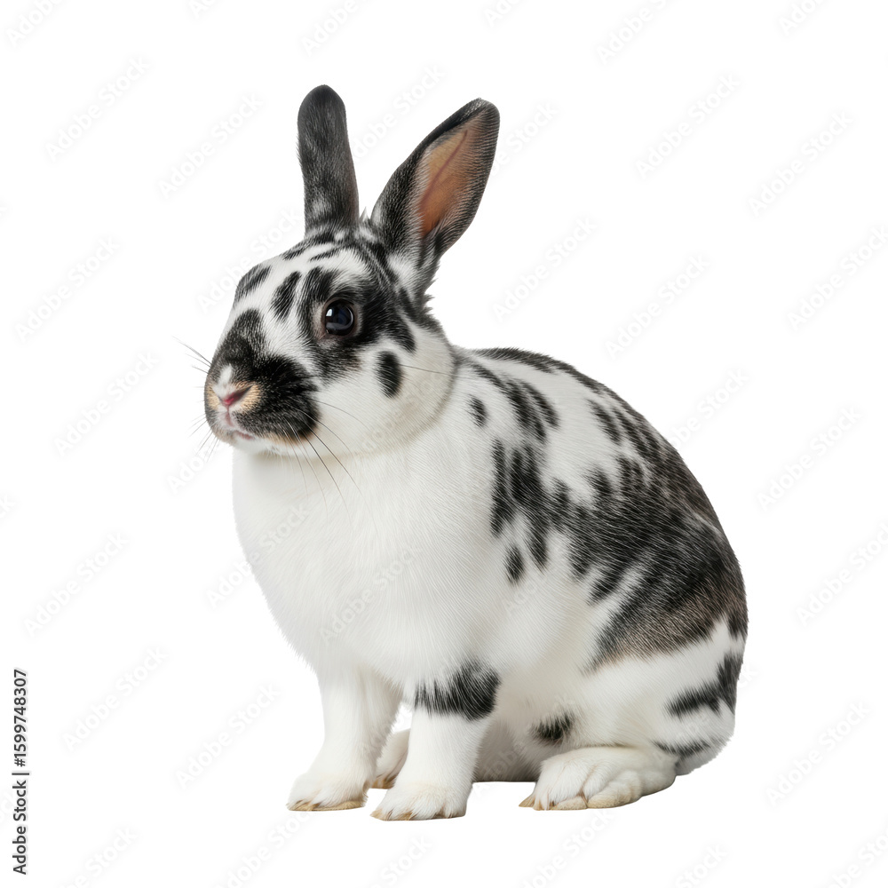Fototapeta premium An adorable black and white spotted domestic rabbit with a dalmatian pattern sits calmly. Ideal for pet care, animal themes, or spring holiday designs.