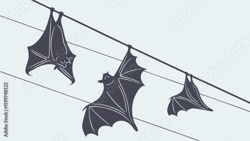 Three bats hanging upside down from power lines in a simple black and white vector illustration style