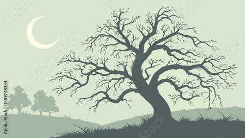 Silhouette of a large tree with bare branches under a crescent moon in a misty landscape scene