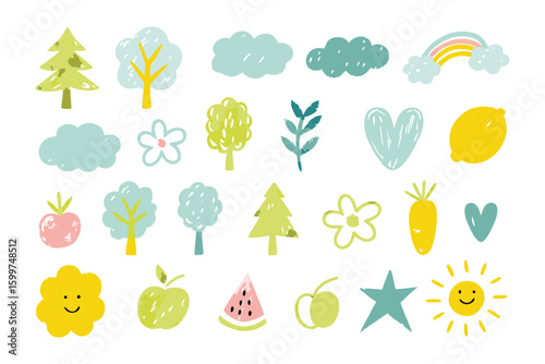 Whimsical Garden Elements: Hand-drawn collection of charming garden elements, including trees, clouds, rainbows, flowers, fruits, and a smiling sun, creating a playful and inviting atmosphere