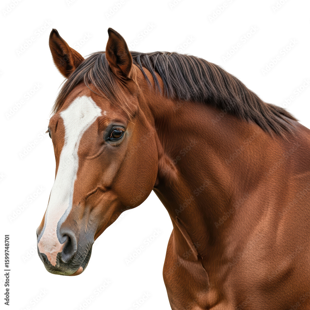 Fototapeta premium Close up portrait of a brown horse featuring a prominent white blaze on its face and a dark mane. Ideal for equestrian themes and animal related projects.