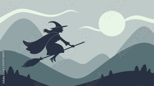 Silhouette of a witch flying on a broomstick over a mountainous landscape with a full moon in the sky