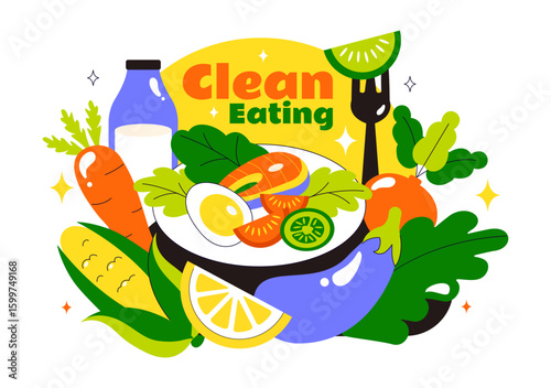 Clean Eating Vector Illustration featuring Fresh Organic Vegetables and Fruits for a Healthy Daily Diet and Balanced Lifestyle in a Flat Background
