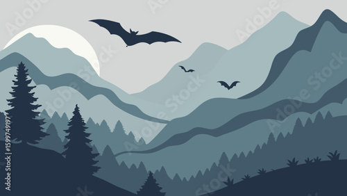 A serene landscape featuring layered mountains, silhouetted trees, and bats under a full moon scene