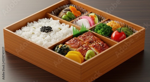 Exquisite Unagi Bento Box: Japanese Culinary Artistry with Rice, Vegetables, and Grilled Eel