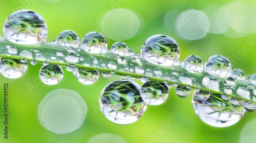 Clear water droplets cling to a vibrant green blade of grass reflecting the surrounding greenery with soft diffused