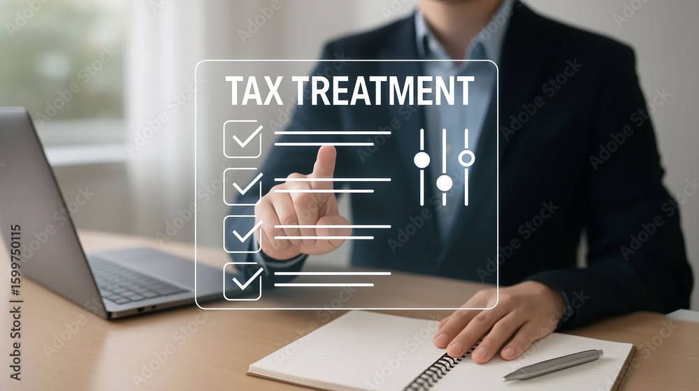 Fototapeta premium Tax treatment interface with business professional exploring financial decision control options planning and taxation policy concept in virtual accounting environment