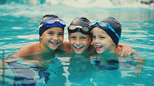 Young boys smiling swimming pool water fun happy children friends summer swim school vacation recreation aquatic sports kids leisure healthy active lifestyle