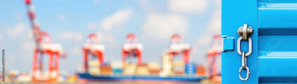 Fototapeta premium Close up of a blue shipping container door with metal chain lock blurred background of cargo ship cranes and sky