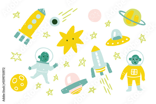 Cosmic Adventure: Explore the vastness of space with vibrant illustrations of rockets, planets, and extraterrestrial life forms, sparking imagination and wonder.