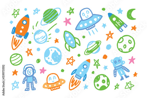 Cosmic Adventure: A colorful, playful illustration depicting a rocket ship and the cosmos, filled with planets, stars, and spaceships, inviting to a universe journey.