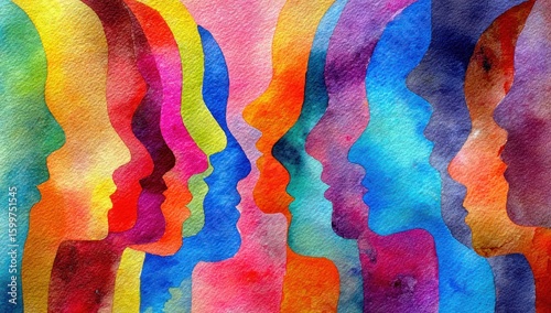 Profile views of many people in vibrant colors.