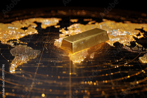 Gold Web of Global Value: A glowing gold bar at the center of a global web, connecting different currencies, economies, and markets , Generative AI
