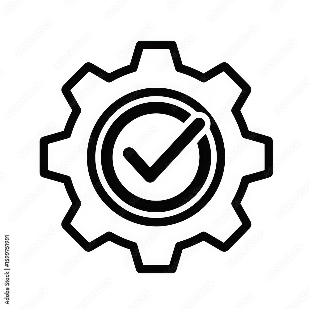 Illustration of a black and white icon shows a gear with a check mark inside a circle isolated on transparent background Illustration of a black and white icon shows a gear with a check mark inside a circle isolated on transparent background