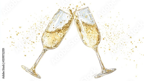 Two champagne flutes clinking, sparkling, and splashing with golden droplets against a white background