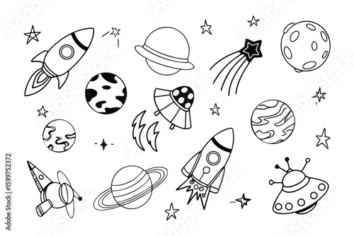 Celestial Doodle: A whimsical illustration of cosmic elements, including planets, stars, rockets, and a flying saucer, inviting a journey through space 