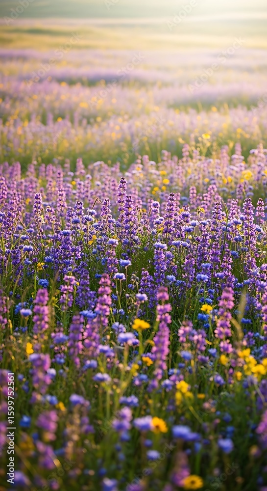 Obraz premium Serene Sunset Wildflower Meadow: Vibrant Purple and Yellow Blooms, Soft Focus
