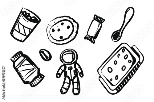 Lunar Provisions: A whimsical collection of simple line drawings showcasing astronaut essentials and sweet treats, perfectly suited for celestial and confectionary themed projects.