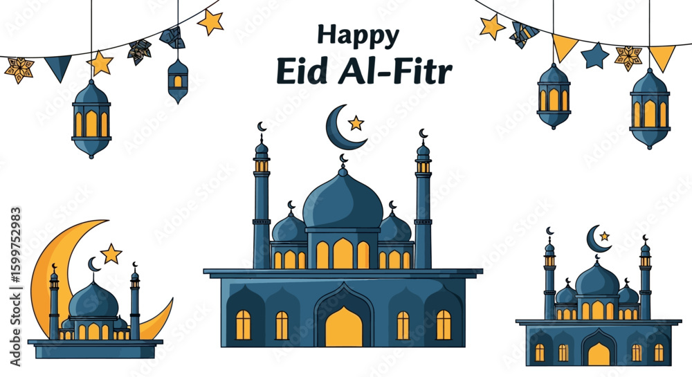 Naklejka premium Happy Eid Al-Fitr Celebration Illustration with Mosques and Lanterns