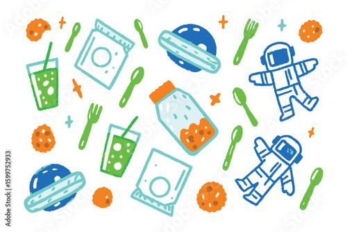 Astronaut's Cosmic Feast: A whimsical, animated illustration of a cosmic lunch, featuring a playful astronaut alongside a spread of intergalactic snacks, and food.