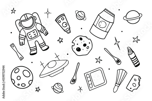 Cosmic Culinary Delight: A whimsical illustration showcases a astronaut surrounded by food and celestial elements, blending adventure with earthly comforts.