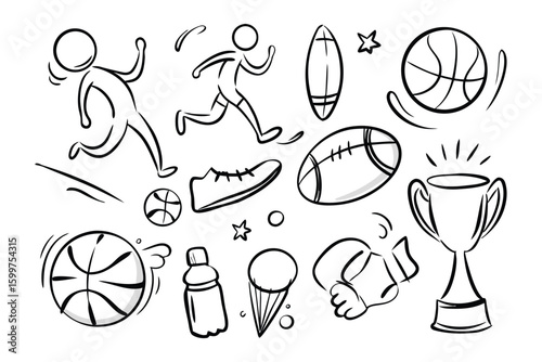 Sports Icons: A collection of dynamic hand-drawn icons, embodying the spirit of sports and recreational activities, perfect for any project. 