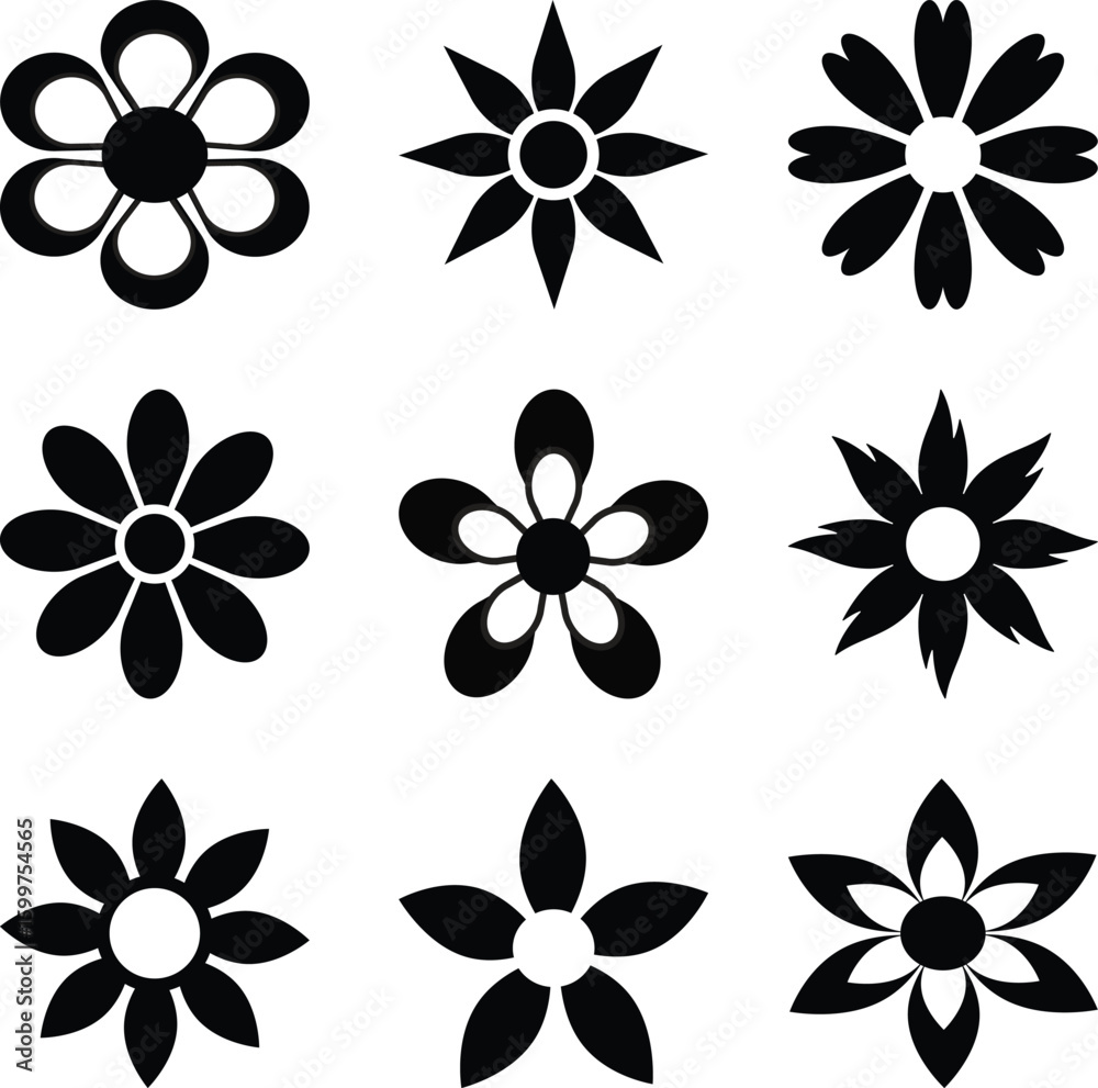 Fototapeta premium Vector black flowers icon set 