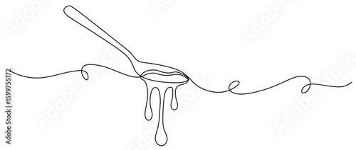 Continuous line art of a spoon with melted honey falling down. Vector illustration of a spoon and honey with a transparent background.