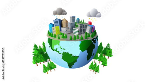 Globe with cityscape and trees under rain clouds representing environmental and urban sustainability