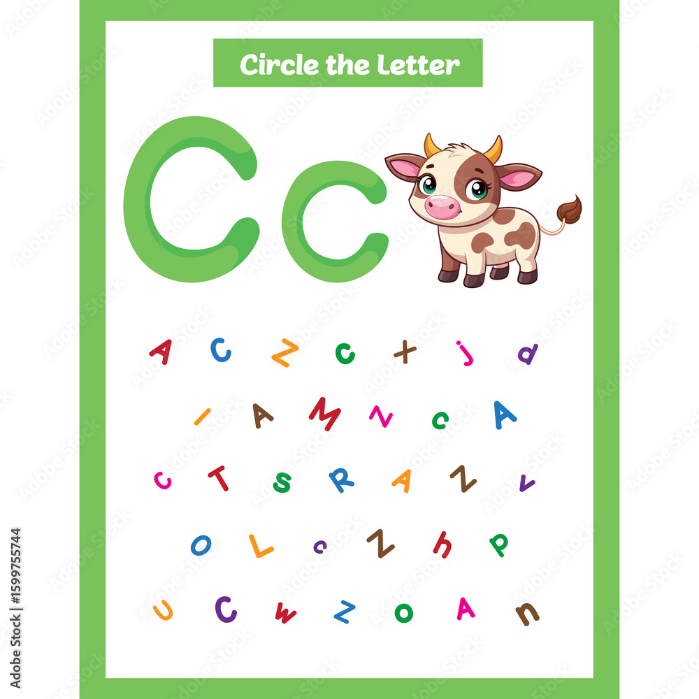 Naklejka premium Circle the letter worksheet activity for kids Letter Cc for Cow