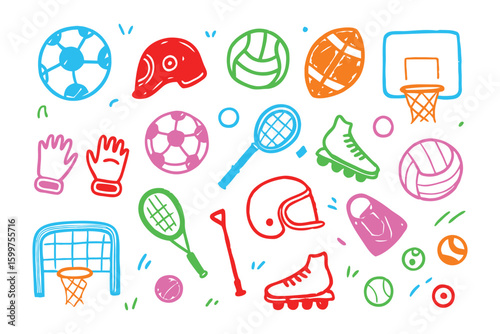 Sports Doodle Illustration: A vibrant collection of hand-drawn sports equipment icons, each radiating the unique excitement of various athletic pursuits, illustrated in playful, cartoonish style.