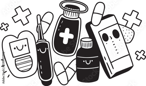 Black and white doodle of medical supplies and pills