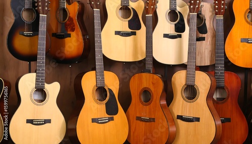 Many acoustic guitars hanging on a wooden wall